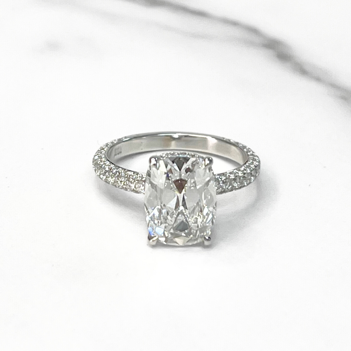 Antique Cushion Diamond Three Row Pave Ring