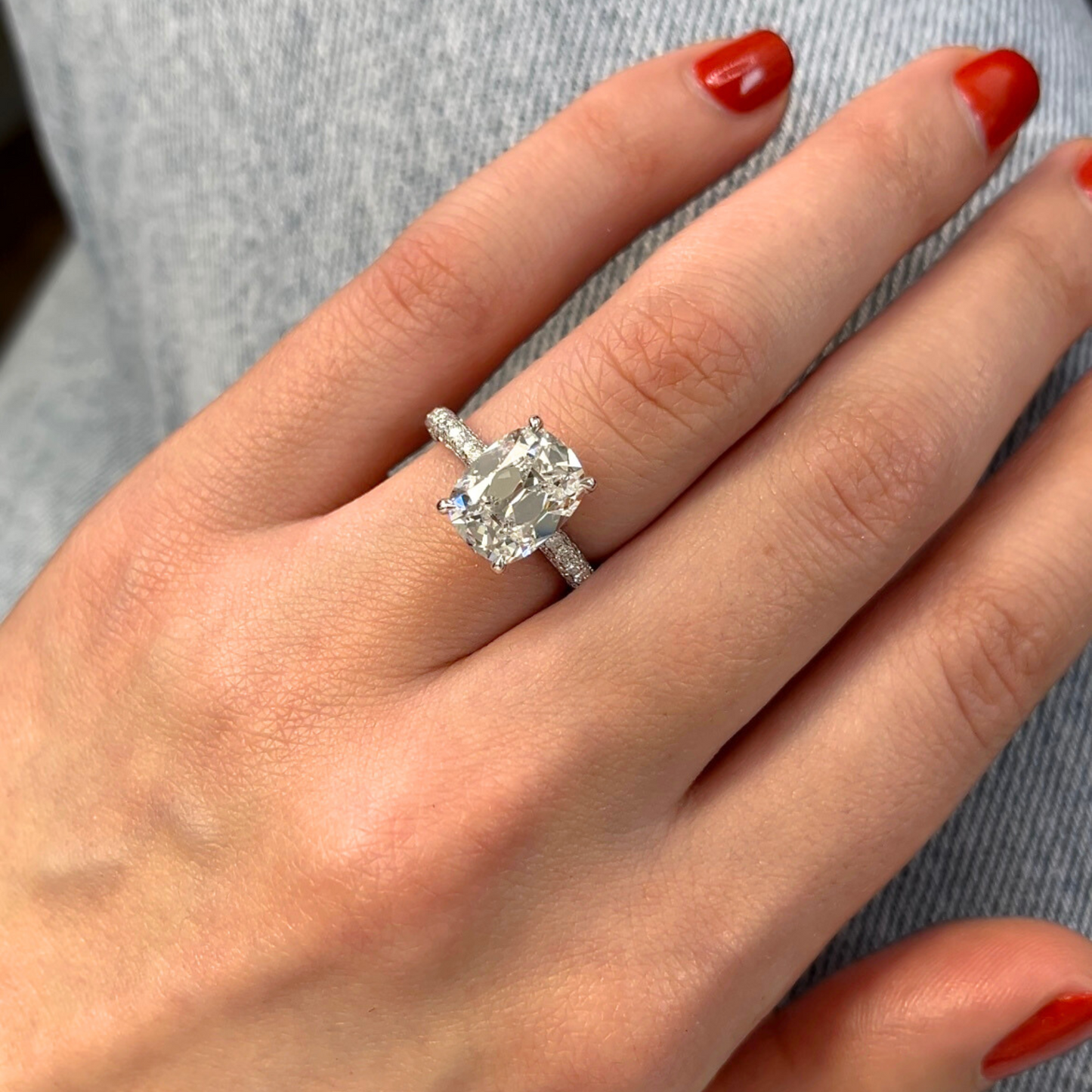 Antique Cushion Diamond Three Row Pave Ring