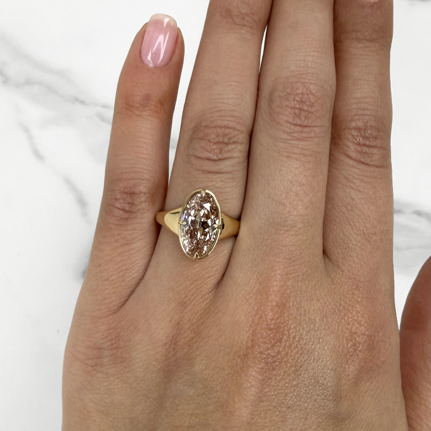 3.07ct Antique Moval Light Brown Lab Diamond Button Back Ring
