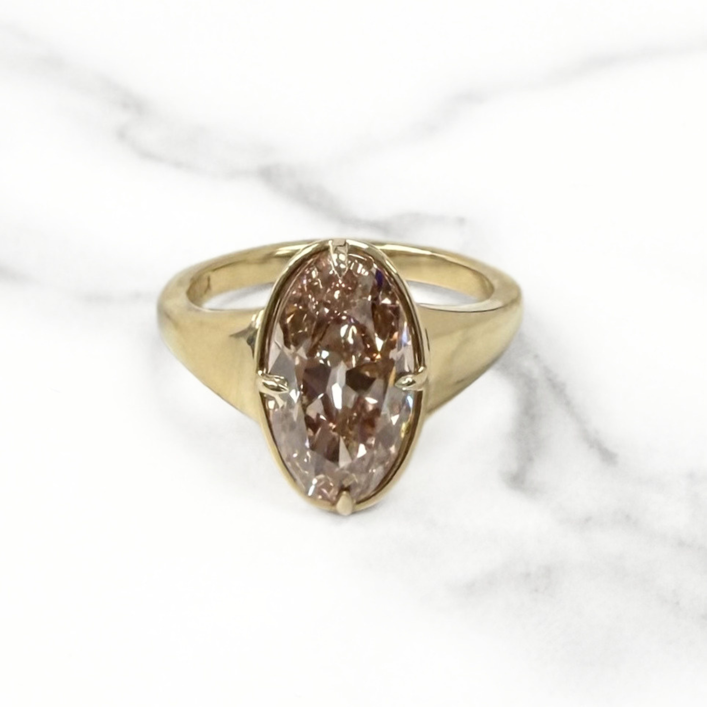 3.07ct Antique Moval Light Brown Lab Diamond Button Back Ring