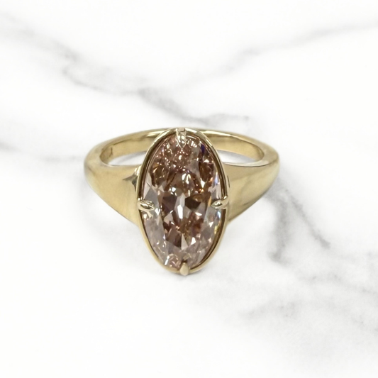 3.07ct Antique Moval Light Brown Lab Diamond Button Back Ring